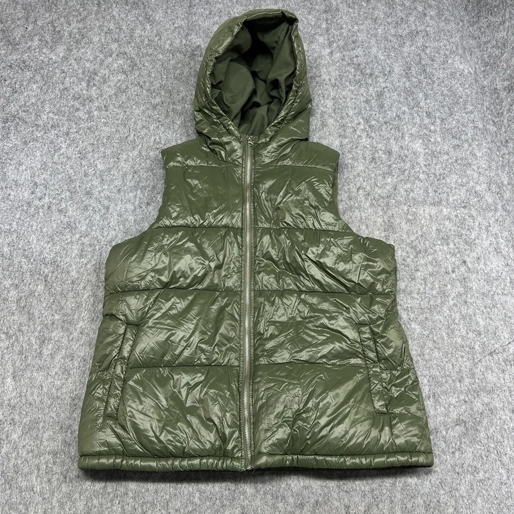 Old Navy Hooded Puffer Vest Womens Large Green Quilted‎ Fleece Lined About Thyme